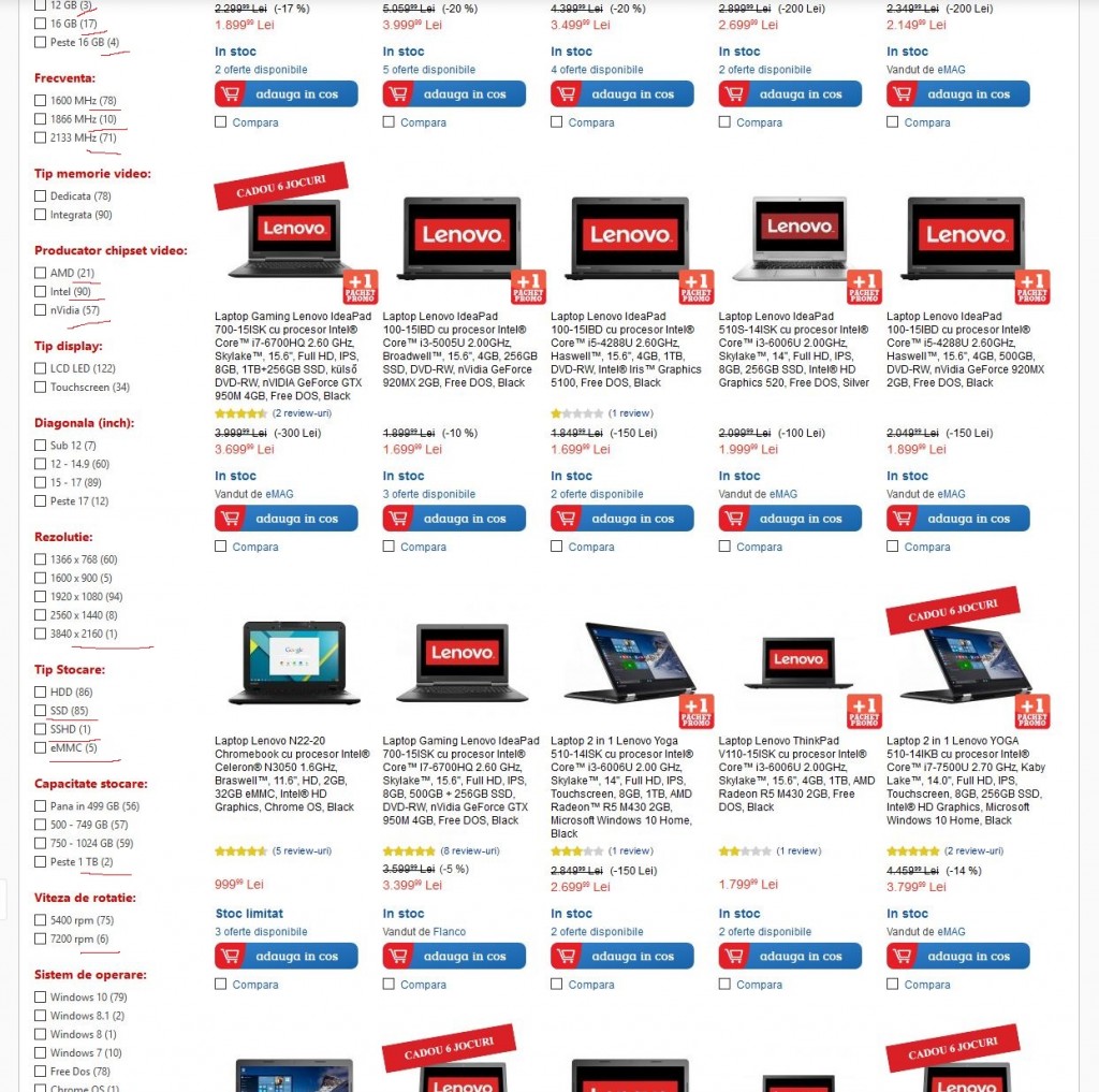 Criteriile de evaluare GPeC - numarul de produse in dreptul fiecarui filtru aplicat
